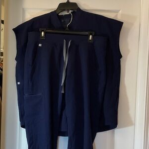 Figs Womens Scrub Top and Pants in Navy Blue with Gray Drawstring